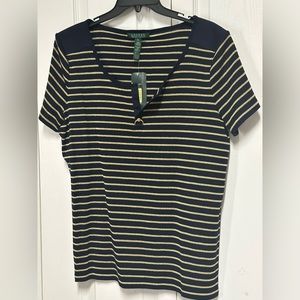 Lauren Ralph Lauren Navy Blue Gold Stripe Top Sz XL Womens Plus Shirt T Casual